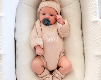 Embroidered Knit Baby Romper With Name Personalized Newborn Coming Home Outfit Heirloom Baby Shower Gift Custom Name Baby Bodysuit