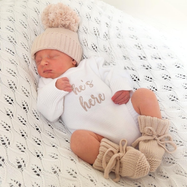 He’s Here Embroidered Knit Baby Romper, Newborn Coming Home Outfit, Hospital Take Home Outfit, Baby Boy Keepsake, Birth Announcement