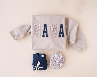 MAMA Keepsake Sweatshirt with Baby Clothes Applique Personalized Mothers Day Gift Embroidered Mama Memory Pullover for Mom Gift