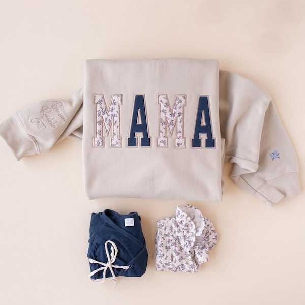 MAMA Keepsake Sweatshirt with Baby Clothes Applique Personalized Mothers Day Gift Embroidered Mama Memory Pullover for Mom Gift