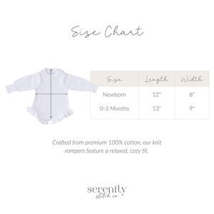 May include: White knit baby romper set with a matching headband and booties. The size chart shows newborn rompers are 12 inches long and 8 inches wide. 0-3 month rompers are 13 inches long and 9 inches wide. The text says the rompers are crafted from premium 100% cotton.
