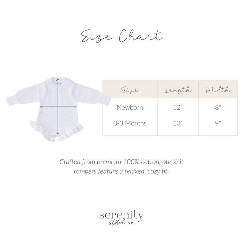 May include: White knit baby romper set with a matching headband and booties. The size chart shows newborn rompers are 12 inches long and 8 inches wide. 0-3 month rompers are 13 inches long and 9 inches wide. The text says the rompers are crafted from premium 100% cotton.