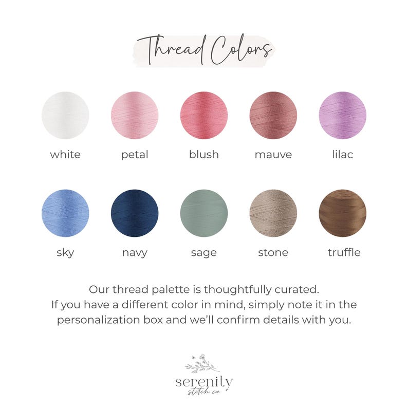 Pu&ograve; includere: Una tabella colori per fili con dieci campioni circolari etichettati come white, petal, blush, mauve, lilac, sky, navy, sage, stone e truffle. Il testo riporta Thread Colors, una nota sulla personalizzazione e il logo Serenity Stitch Co.