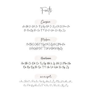 Pu&ograve; includere: Una tabella di selezione dei caratteri che mostra quattro distinti stili di alfabeto etichettati come Fonts, Cursive, Modern, Heirloom e script. Ogni categoria presenta le lettere maiuscole e minuscole dalla A alla Z in nero su sfondo bianco.
