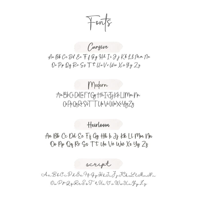 Pu&ograve; includere: Una tabella di selezione dei caratteri che mostra quattro distinti stili di alfabeto etichettati come Fonts, Cursive, Modern, Heirloom e script. Ogni categoria presenta le lettere maiuscole e minuscole dalla A alla Z in nero su sfondo bianco.