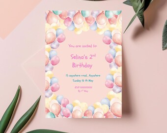 Balloons watercolour aesthetic baby, girls birthday invitation pink, editable