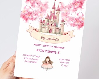Editable Canva Pink Princess Royal Party Birthday Invitation
