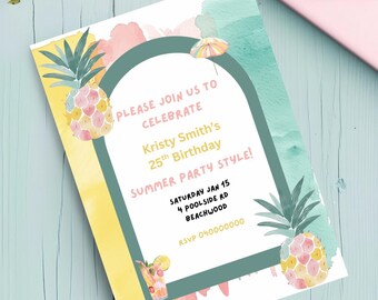 Editable colourful fun Birthday Summer Invitation Pineapple