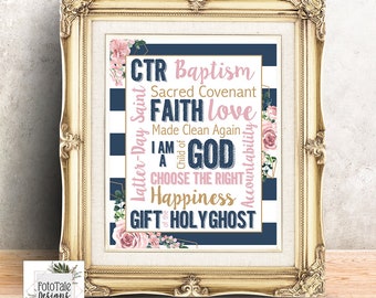 LDS Baptism Word Art Wall Art Print - 8x10 and 11x14 LDS Baptism Print PDF File Blush Navy and Gold -Instant Download- Can Customize