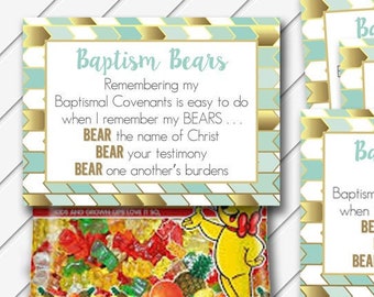 LDS Baptism Bears Tag, 2.5x3.5 Card, Digital Printable, Aqua Blue and Gold Foil - Wallet Cards - Instant Download - Can Customize