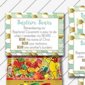 May include: Four cards with a light blue and gold geometric pattern. The cards have the text "Baptism Bears" and the phrase "Remembering my Baptismal Covenants is easy to do when I remember my BEARS... BEAR the name of Christ BEAR your testimony BEAR one another's burdens". One card has a small bag of gummy bears with a yellow gummy bear on top.