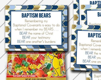LDS Baptism Bears Tag, 2.5x3.5 Card, Digital Printable, Navy Blue and Gold Foil - Wallet Cards - Instant Download - Can Customize