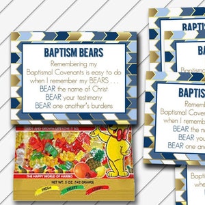 LDS Baptism Bears Tag, 2.5x3.5 Card, Digital Printable, Navy Blue and Gold Foil - Wallet Cards - Instant Download - Can Customize