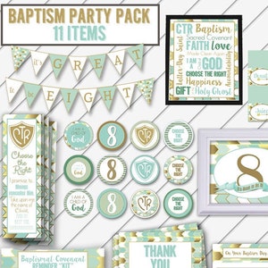 LDS Baptism PARTY PACK - 11 Items - Decorations, Digital Printable, Aqua Blue and Gold Foil, Primary - Instant Download - Can Customize
