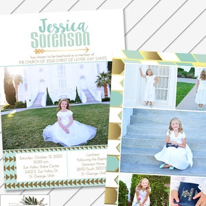 LDS Baptism Invitation - Aqua Blue and Gold - 5x7 Baptism Announcement Card Printable - Will Customize and Email within 24 hours