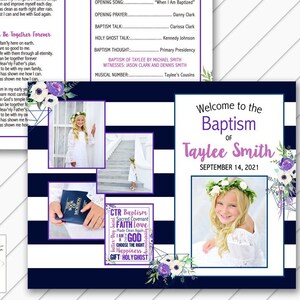 LDS Baptism Program - Purple and Navy Blue Floral - Itinerary - 8.5x11 - fold in half - Will Customize and Email within 24 hours