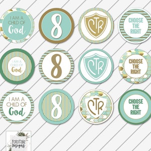 May include: Nine round, green and gold, printable cupcake toppers. The toppers feature different designs including the number 8, a shield with the letters CTR, and the phrase "Choose the Right".