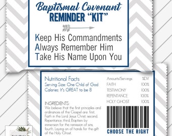 LDS Baptism Kit Kat Candy Wrapper Card, Digital Printable, Navy and Gray Chevron - Instant Download - Can Customize