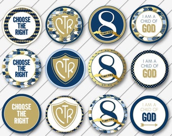 LDS Baptism Party Cupcake Toppers, Food Labels, Decorations, Digital Printable, Navy Blue and Gold Foil -Instant Download-Can Customize