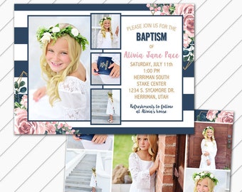 LDS Baptism Invitation - Blush and Navy Floral- 5x7 Baptism Announcement Card Printable - Will Customize and Email within 24 hours