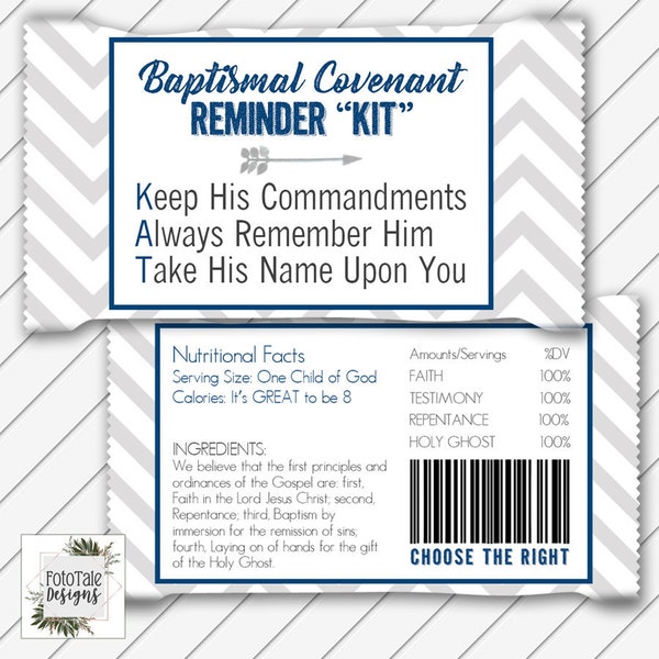 LDS Baptism Kit Kat Candy Wrapper Card, Digital Printable, Navy and Gray Chevron - Instant Download - Can Customize