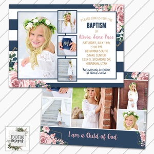 LDS Baptism Invitation - Blush and Navy Floral- 5x7 Baptism Announcement Card Printable - Will Customize and Email within 24 hours