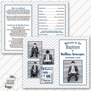 LDS Baptism Program -Navy and Gray Chevron - Itinerary - 8.5x11 folded in half - Will Customize and Email within 24 hours