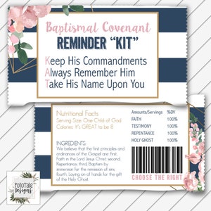 LDS Baptism Kit Kat Candy Wrapper Card, Digital Imprimible, Blush Navy y Gold - Descarga instantánea - Se puede personalizar