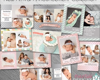 New Arrival Baby/Birth Announcement Collection- Set of 5 custom card templates for photographers on WHCC and Millers Labs Specs