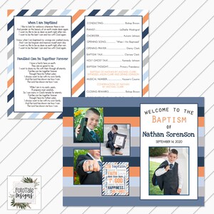 LDS Baptism Program -Blue Orange Gray Stripes - Itinerary - 8.5x11 folded in half - Will Customize and Email within 24 hours