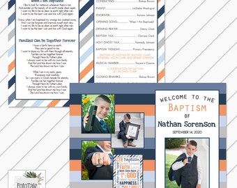 LDS Baptism Program -Blue Orange Gray Stripes - Itinerary - 8.5x11 folded in half - Will Customize and Email within 24 hours