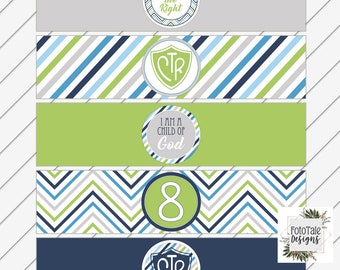 Printable Baptism Water Bottle Labels - Navy Blue and Lime Green - LDS Baptism, Party, CTR, 8 - Instant Download - Can Customize