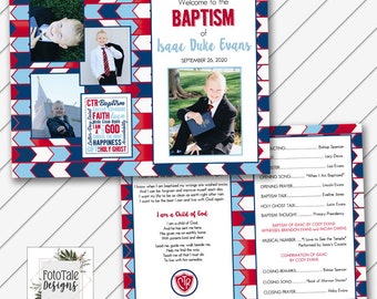 LDS Baptism Program - Red and Blue - Itinerary - 8.5x11 - fold in half - Will Customize and Email within 24 hours