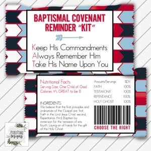 May include: A rectangular card with a red, white, and blue design. The card features text that reads "Baptismal Covenant Reminder Kit." Additional text includes "Keep His Commandments, Always Remember Him, Take His Name Upon You."
