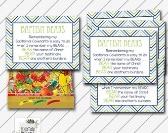 LDS Baptism Bears Tag, 2.5x3.5 Card, Digital Printable, Navy Blue and Lime Green - Instant Download - Can Customize