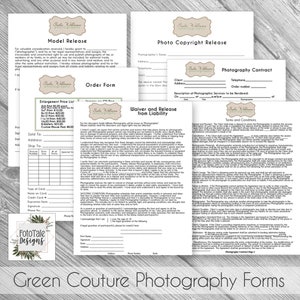 May include: Green Couture Photography forms for model release, photo copyright release, and a photography contract. The forms include sections for client information, description of services, terms and conditions, and a waiver and release from liability.