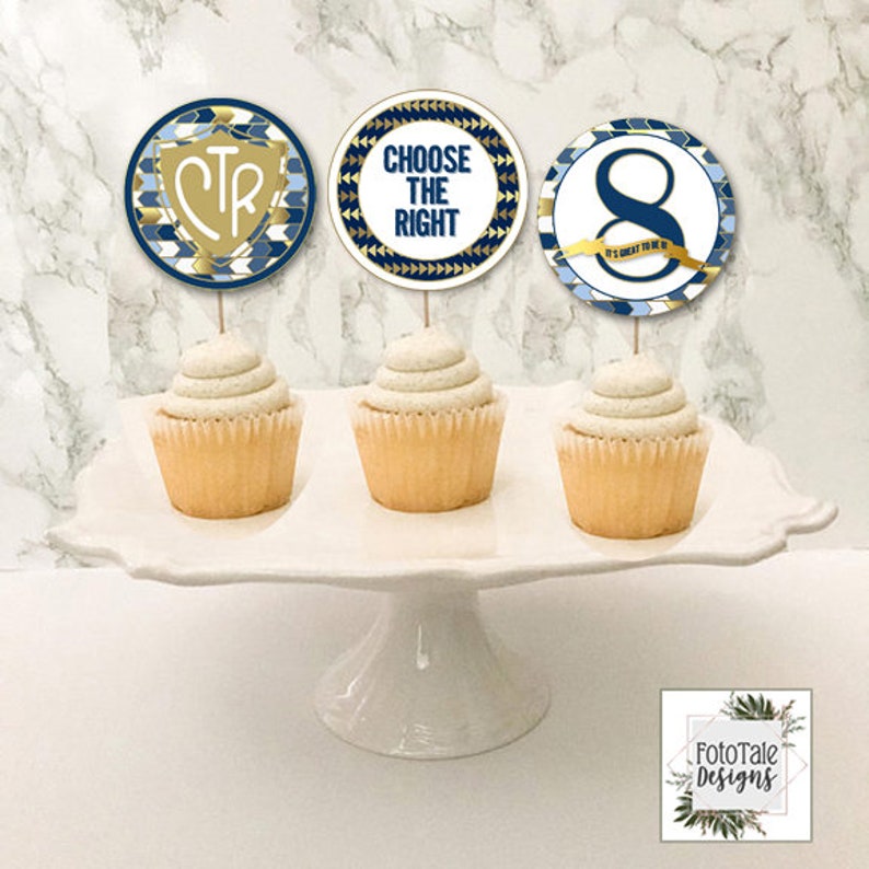 LDS Baptism Party Cupcake Toppers, Food Labels, Decorations, Digital Printable, Navy Blue and Gold Foil Instant Download-Can Customize image 2