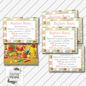 Etiqueta de osos de bautismo SUD, tarjeta de 2.5x3.5, imprimible digital, agua rosa rubor y oro- Descarga instantánea - Se puede personalizar
