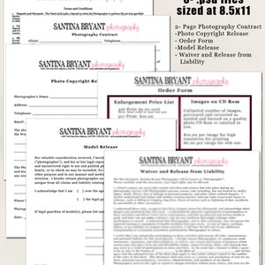 May include: Five important forms for photographers, including a photography contract, copyright release, order form, model release, and waiver and release from liability. The forms are printed on white paper with black text and are sized at 8.5 x 11 inches.