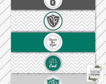 Printable Baptism Water Bottle Labels - Green and Gray Chevron- LDS Baptism, Party, CTR, 8 - Instant Download - Can Customize