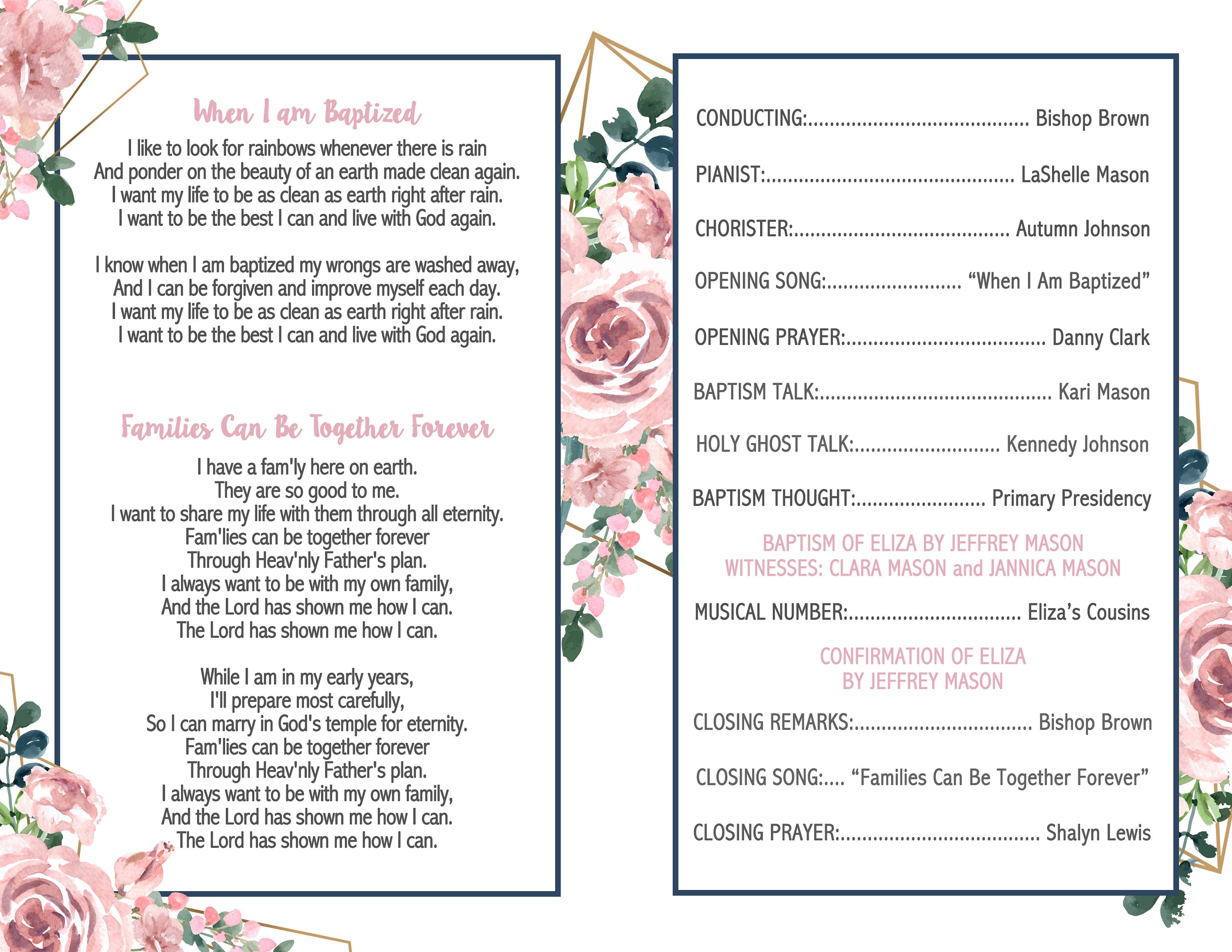 LDS Baptism Program Blush Navy and Gold Itinerary 8.5x11 Etsy