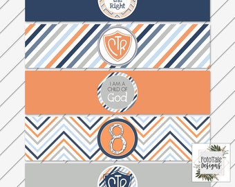 Printable Baptism Water Bottle Labels - Blue Orange and Gray Stripes- LDS Baptism, Party, CTR, 8 - Instant Download - Can Customize