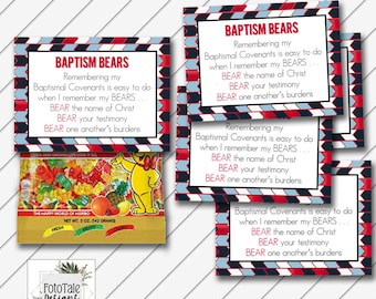 LDS Baptism Bears Tag, 2.5x3.5 Card, Digital Printable, Red Black and Blue - Wallet Cards - Instant Download - Can Customize