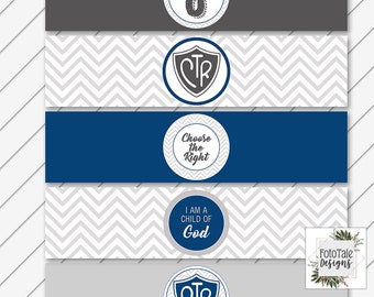 Printable Baptism Water Bottle Labels - Navy and Gray Chevron- LDS Baptism, Party, CTR, 8 - Instant Download - Can Customize