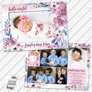 CUSTOMIZED Baby Announcement - Blossom Birth Announcement 4- Double-Sided 5x7 Card Printable - Will Customize and Email within 24 hours