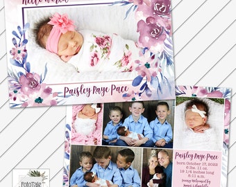 CUSTOMIZED Baby Announcement - Blossom Birth Announcement 4- Double-Sided 5x7 Card Printable - Will Customize and Email within 24 hours