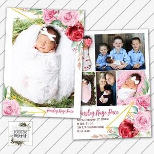 CUSTOMIZED Baby Announcement - Blossom Birth Announcement 2- Double-Sided 5x7 Card Printable - Will Customize and Email within 24 hours