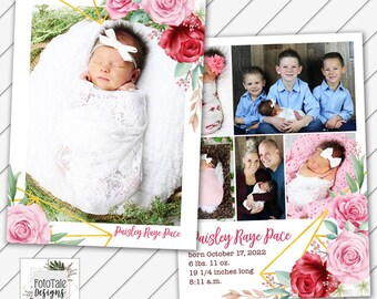 CUSTOMIZED Baby Announcement - Blossom Birth Announcement 2- Double-Sided 5x7 Card Printable - Will Customize and Email within 24 hours