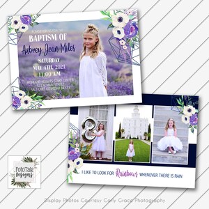 LDS Baptism Invitation - Purple and Navy Floral- 5x7 Baptism Announcement Card Printable - Will Customize and Email within 24 hours
