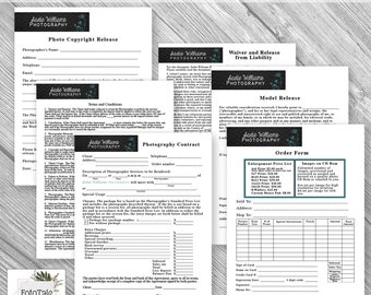 INSTANT DOWNLOAD- Professional Photography Forms-  Contract, Model Release, Photo Copyright Release, Order Form and Liability Waiver